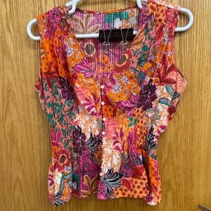 Vibrant Floral Button-Down‎ Blouse - Orange and Pink